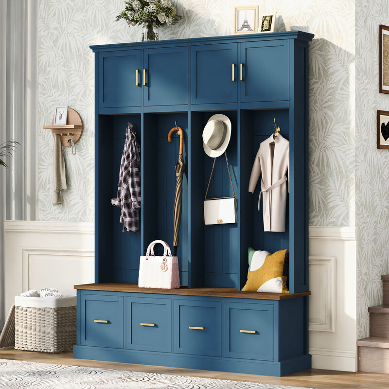 Merax All-in-One Entryway Hall Tree with Hanging Hooks, Upper Cabinet, 3 Drawers & Seating Bench image number 2