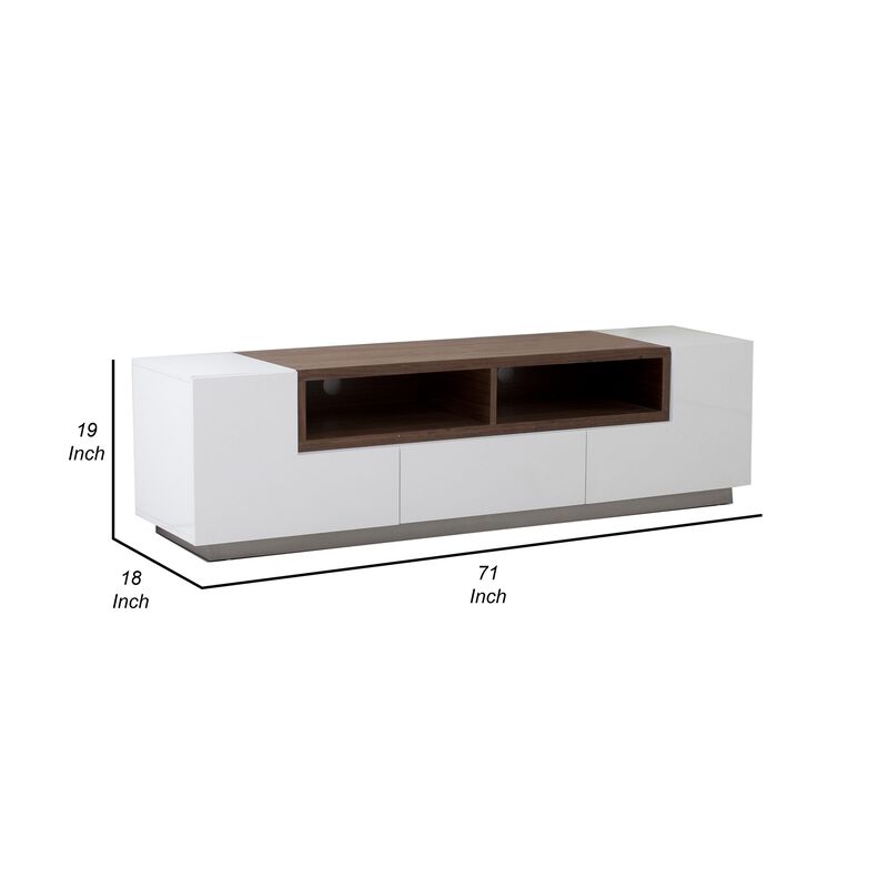 Fila 71 Inch TV Media Console, 3 Pull Out Drawers Open Center, White, Brown - Benzara