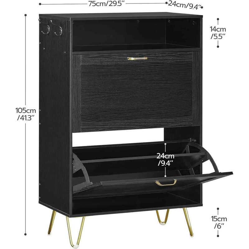 Shoe Cabinet with 2 Flip Drawers Tipping Bucket Design for Entryway- Black image number 2