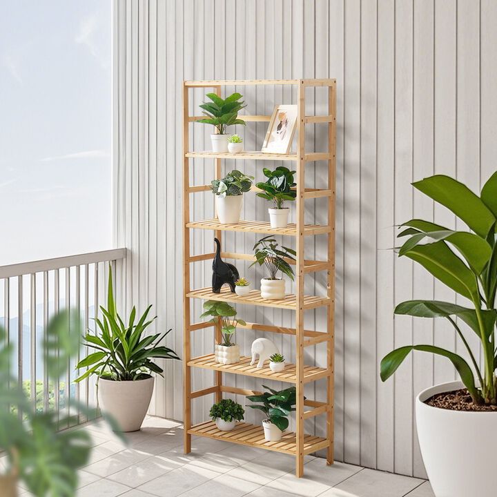 6-Tier Wicker Display Shelf, Open Bookcase Storage Rack for Living Room, Bedroom-Natural