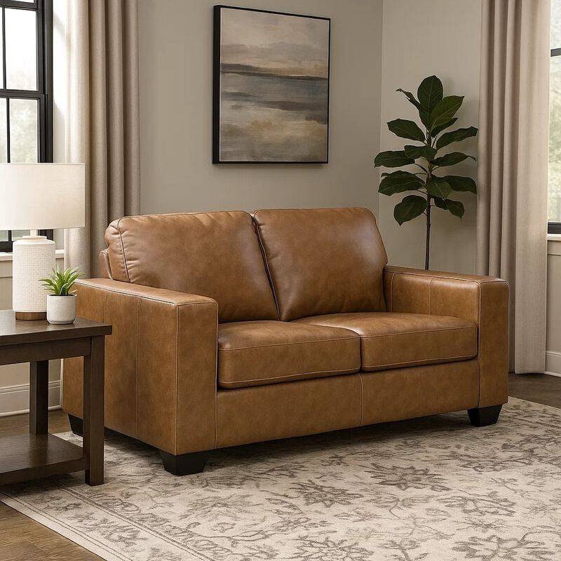 Miller Loveseat, Plush Caramel Brown Real and Faux Leather 62 Inch image number 1