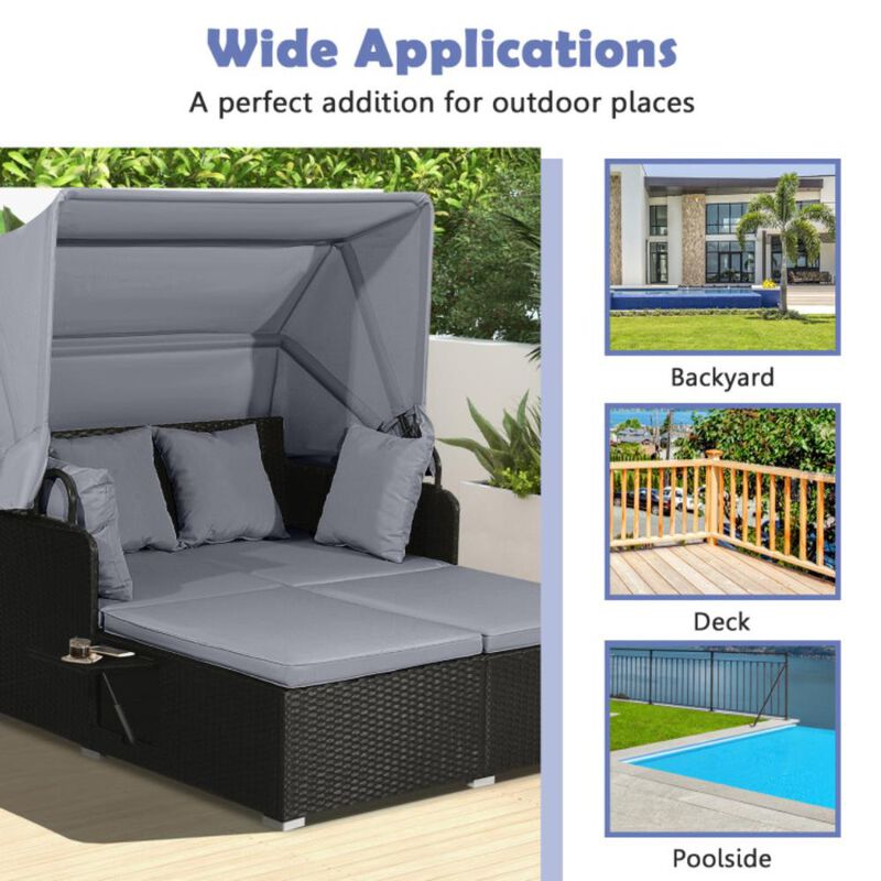 Patio Rattan Daybed with Retractable Canopy and Side Tables image number 7