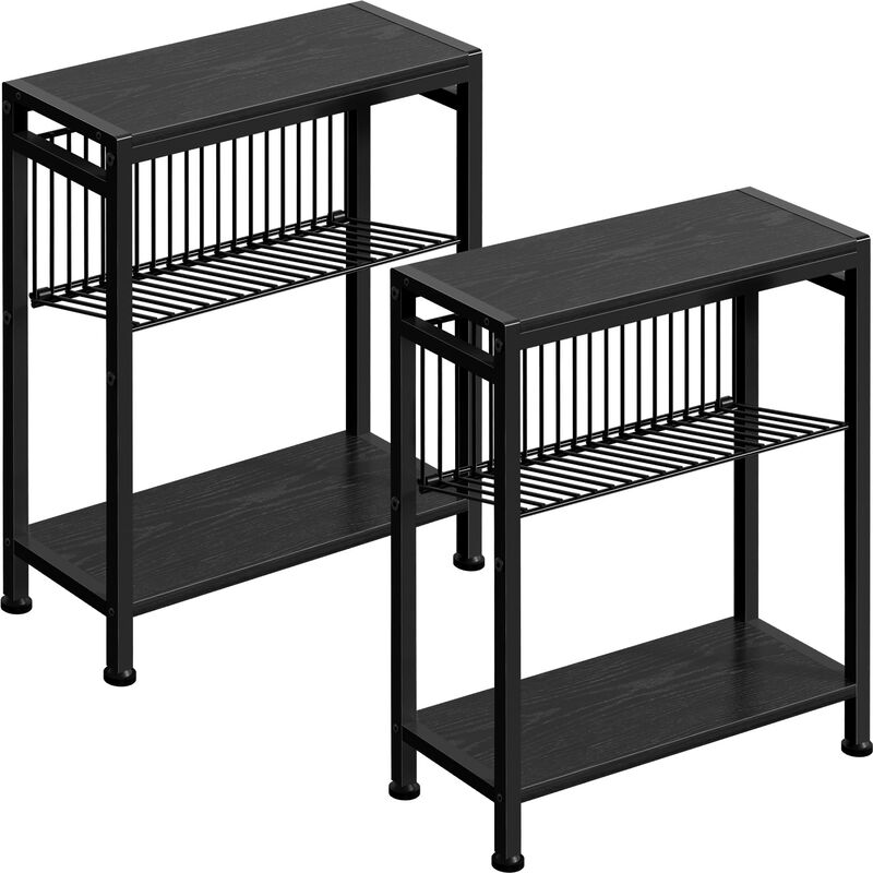 Homedawn Small End Table Set of 2 for Small Space, 3-Tier Narrow Side Table with Magazine Holder,Small Nightstand, Skinny Snack