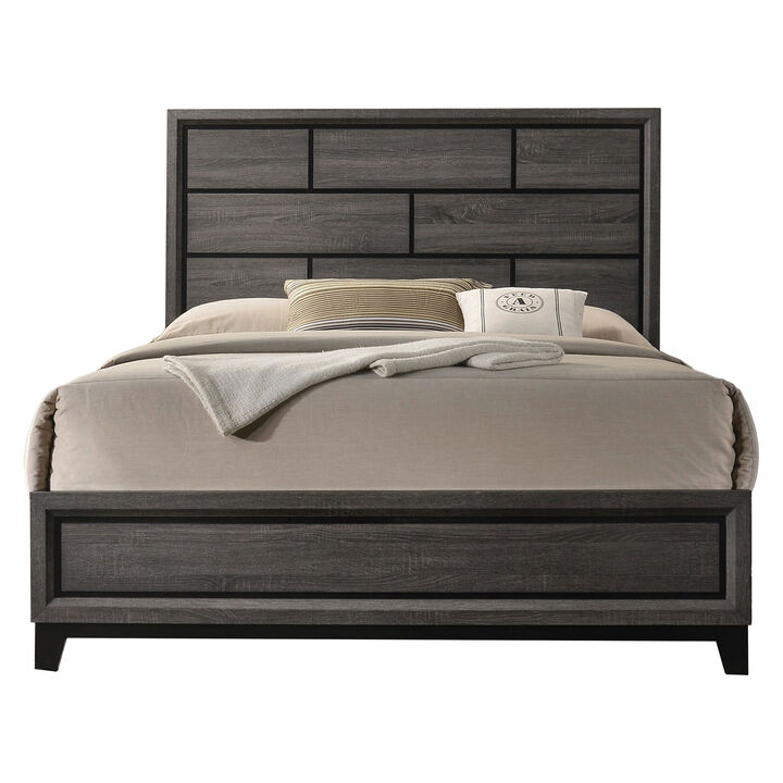 Erica Queen Size Bed, Gray, Black Wood Finish, Panel Style Headboard - Benzara