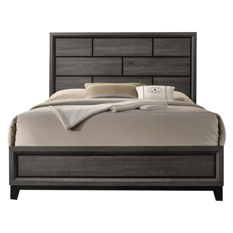 Erica Queen Size Bed, Gray, Black Wood Finish, Panel Style Headboard - Benzara