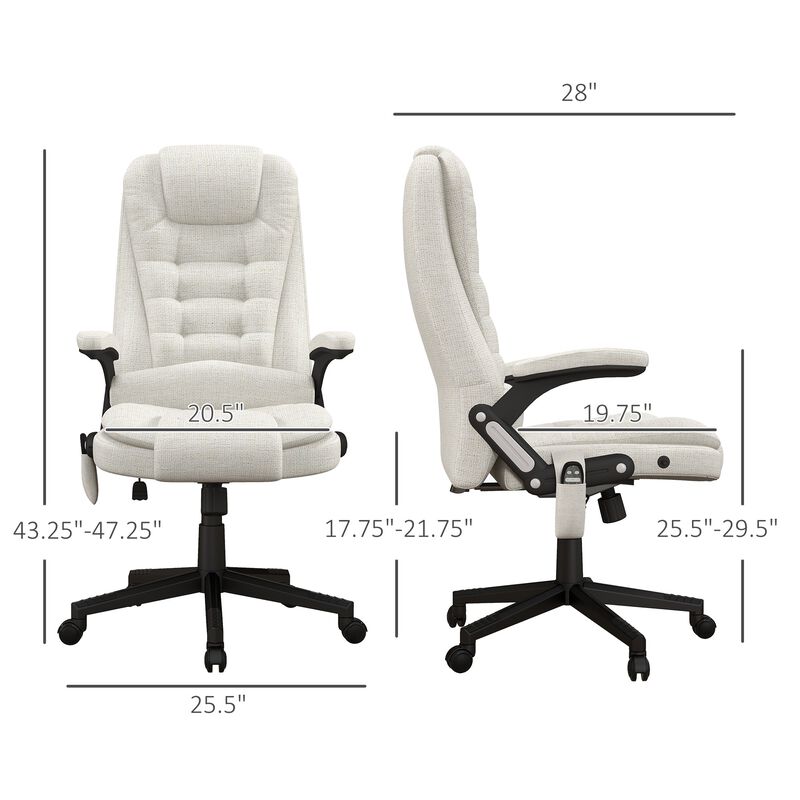 6 Point Vibrating Heated Massage Office Chair, Linen High Back Office Desk Chair, Reclining Backrest, Padded Armrests & Remote, Cream White
