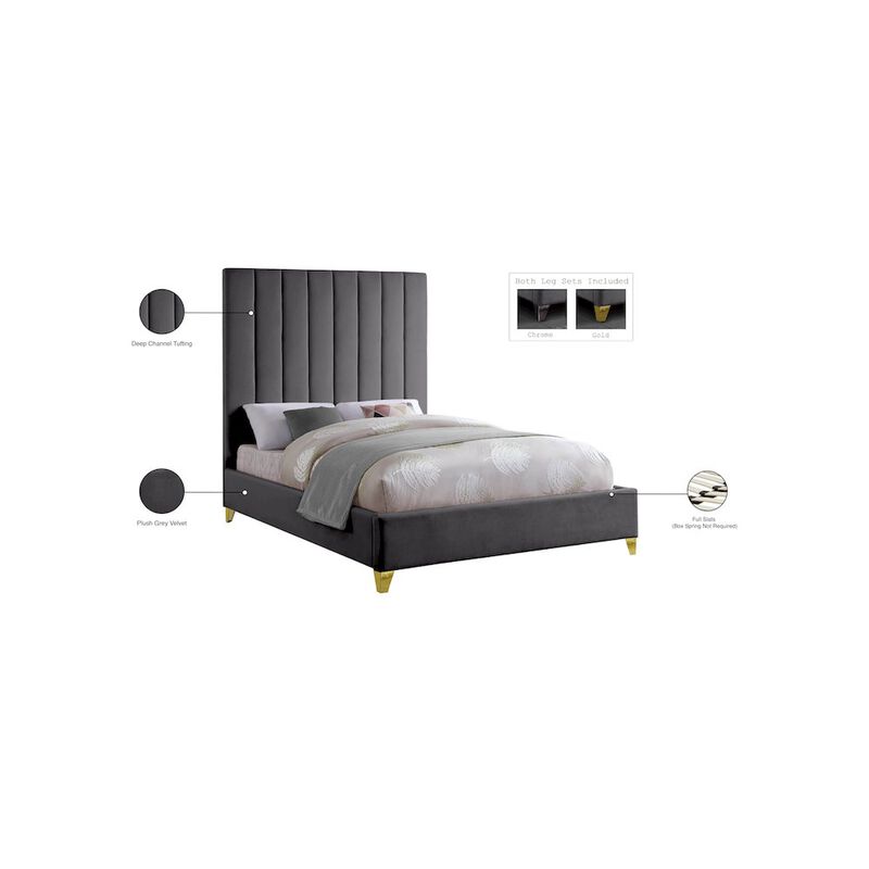 Meridian Furniture Via Grey Velvet Queen Bed