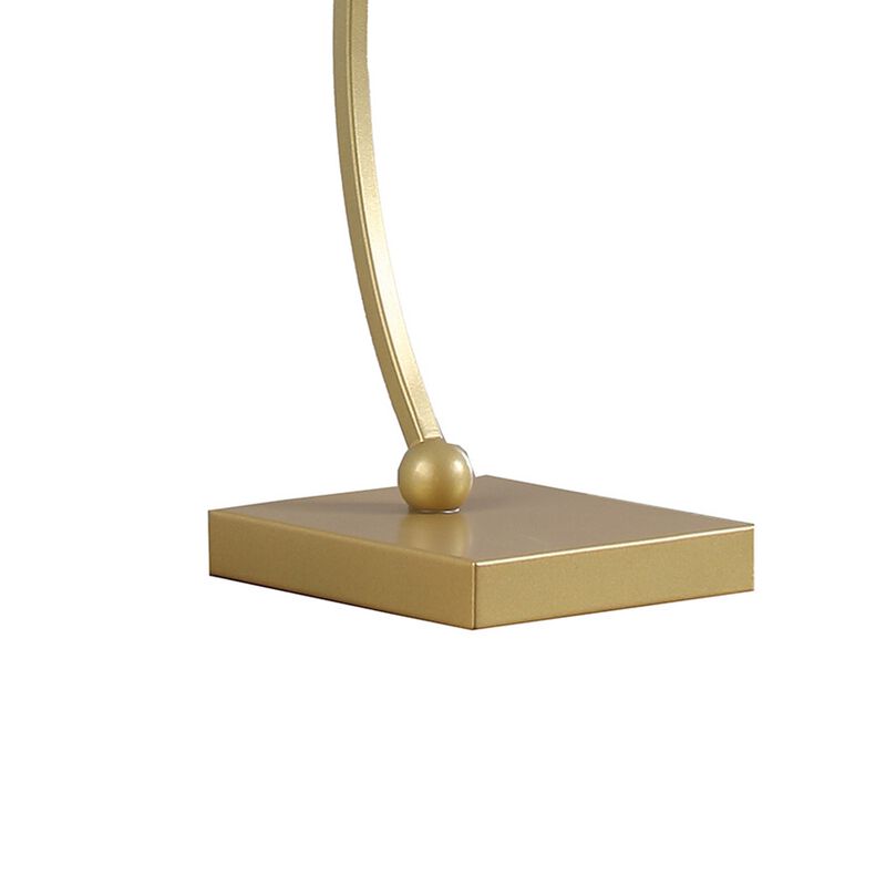 Jiya 29 Inch Arc Table Lamp, Hanging Design, 2 White Drum Shades, Gold - Benzara