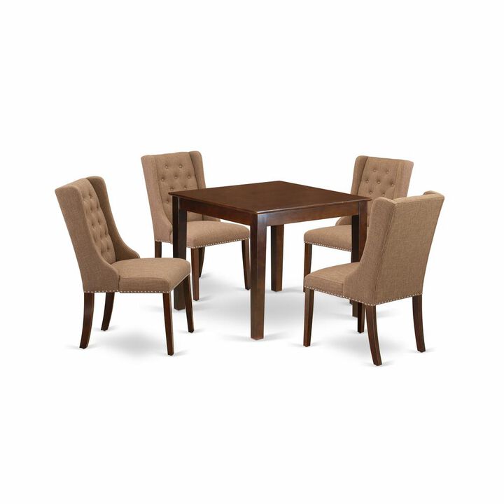 East West Furniture OXFO5-MAH-47 5-Pc Dining Room Table Set Includes 1 Dining Table with Square Table top and 4 Light Sable Linen Fabric Kitchen Chairs Button Tufted Back - Mahogany Finish