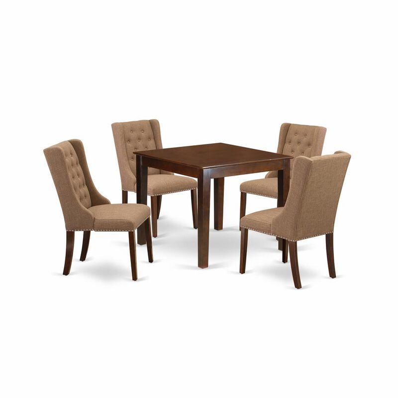 East West Furniture OXFO5-MAH-47 5-Pc Dining Room Table Set Includes 1 Dining Table with Square Table top and 4 Light Sable Linen Fabric Kitchen Chairs Button Tufted Back - Mahogany Finish