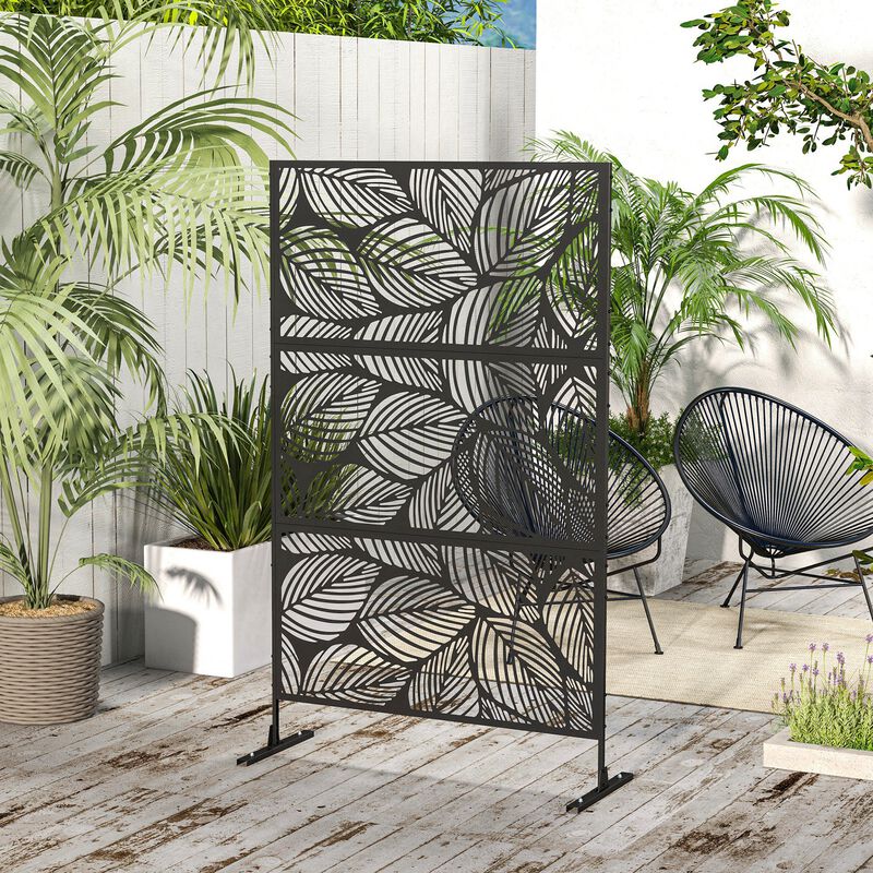 Outsunny Metal Outdoor Privacy Screen, Decorative Privacy Fence Screen, Outdoor Divider with Leaf Motif for Fun Shadows or Use as Climbing Plant Trellis for Garden Walkway, Balcony, Patio, 6.5', Black