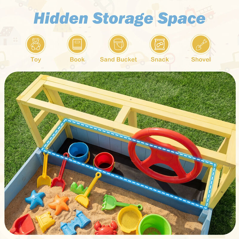 Large Car Style Sandbox with Wooden Frame and Bottom Liner for Kids Outdoor Play-Blue image number 6