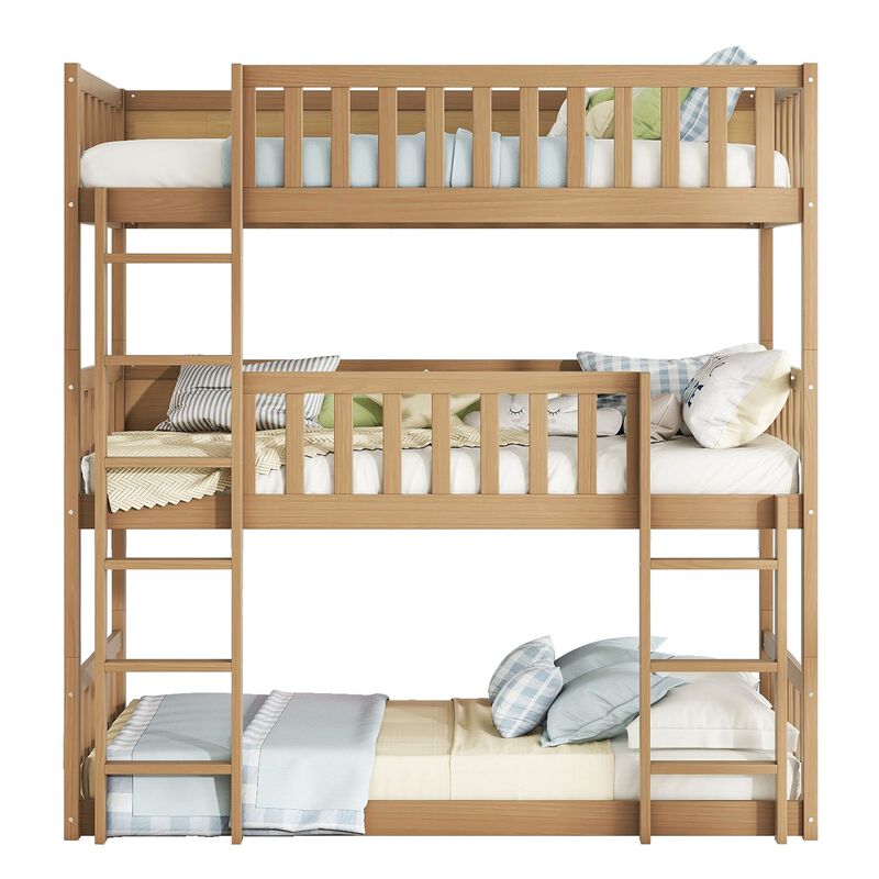 Whisen Triple Twin Size Rubber Wood Detachable Bunk Bed with Ladders and Guardrails