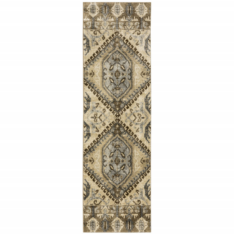 2 X 8 Tan And Gold Central Medallion Indoor Runner Rug