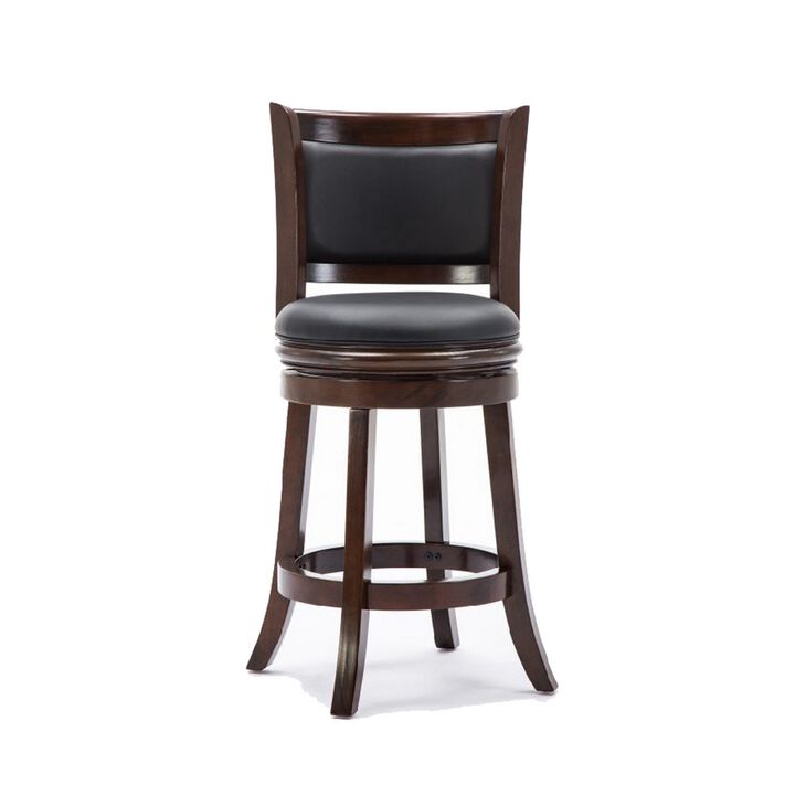 Round Wooden Swivel Counter Stool with Padded Seat and Back, Dark Brown - Benzara