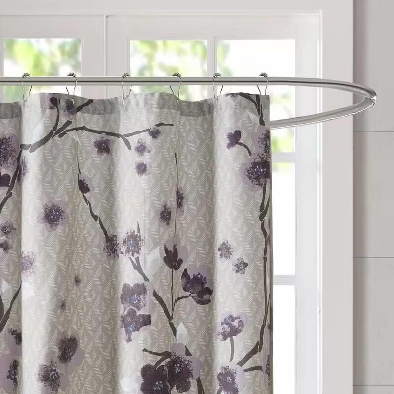 Hivvago 72 x 72 in Cotton Shower Curtain with Purple Grey Beige Floral Blossom Pattern