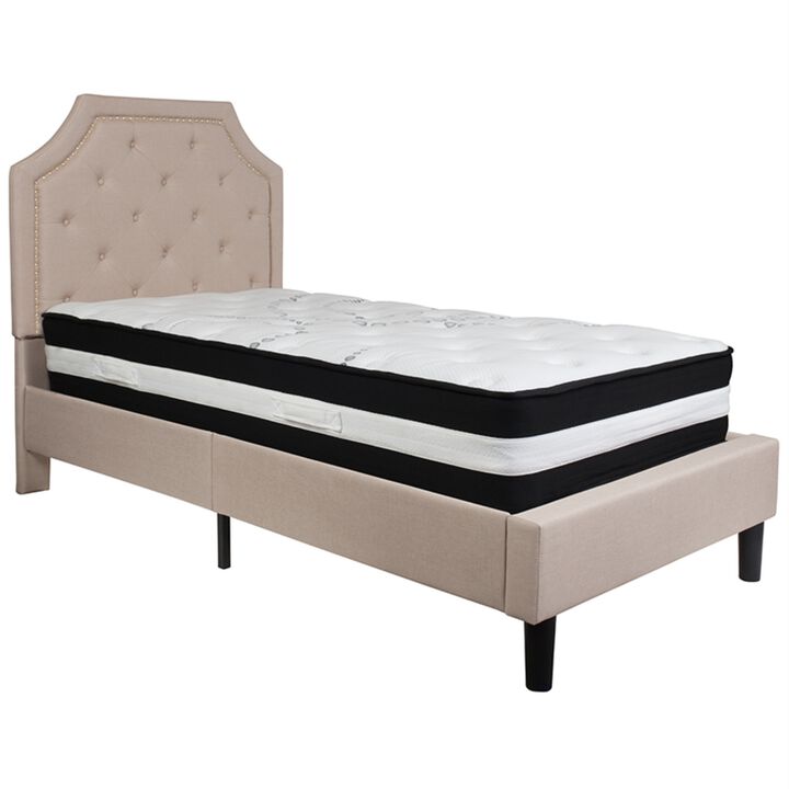 Brighton Full Size Tufted Upholstered Platform Bed in Light Gray Fabric with Pocket Spring Mattress