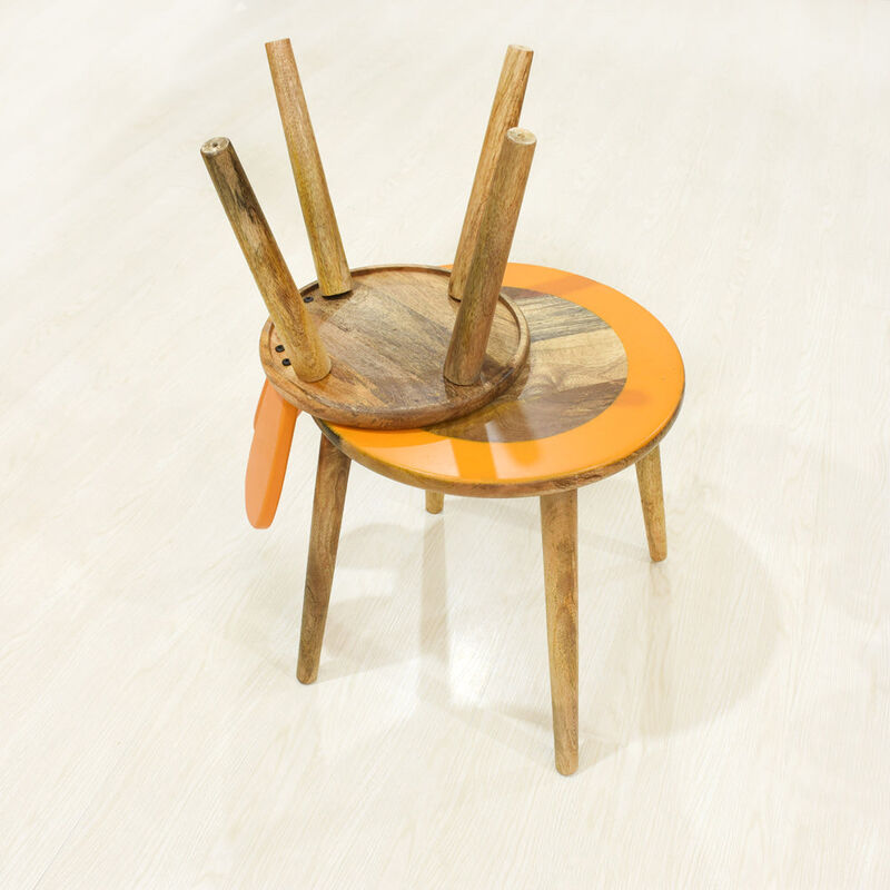 Handmade 100% Mango Wood Kids Orange Color Round Shaped Rabbit Theme Indoor Table & Chair