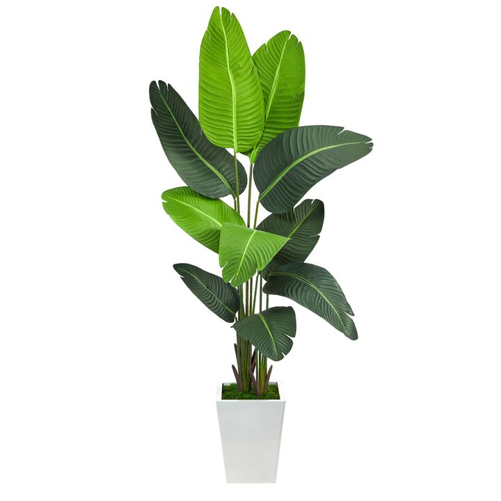 Nearly Natural 5.5-in Travelers Palm Artificial tree in White Metal Planter