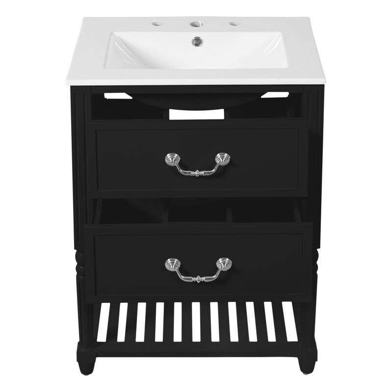 ELEMENT ACE 24 Inch Bathroom Vanity with Ceramic Sink, Bathroom Storage Cabinet with Two Soft-Close Drawers and Open Shelf, Vintage Elegant Wave Design for Bathroom Use image number 9