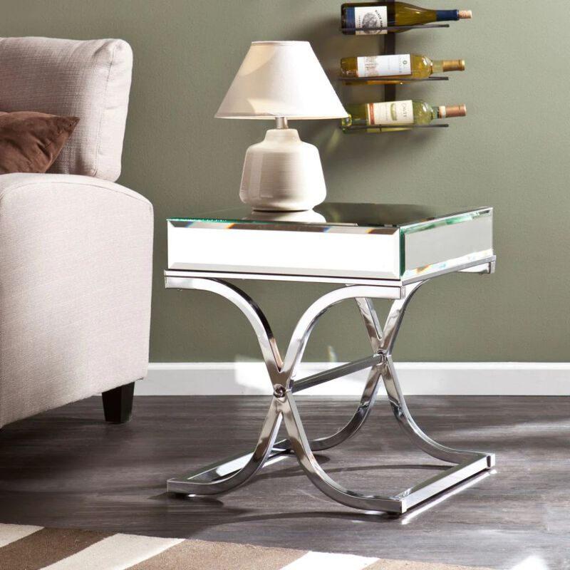 Homezia 22" Silver Glass And Iron Square Mirrored End Table