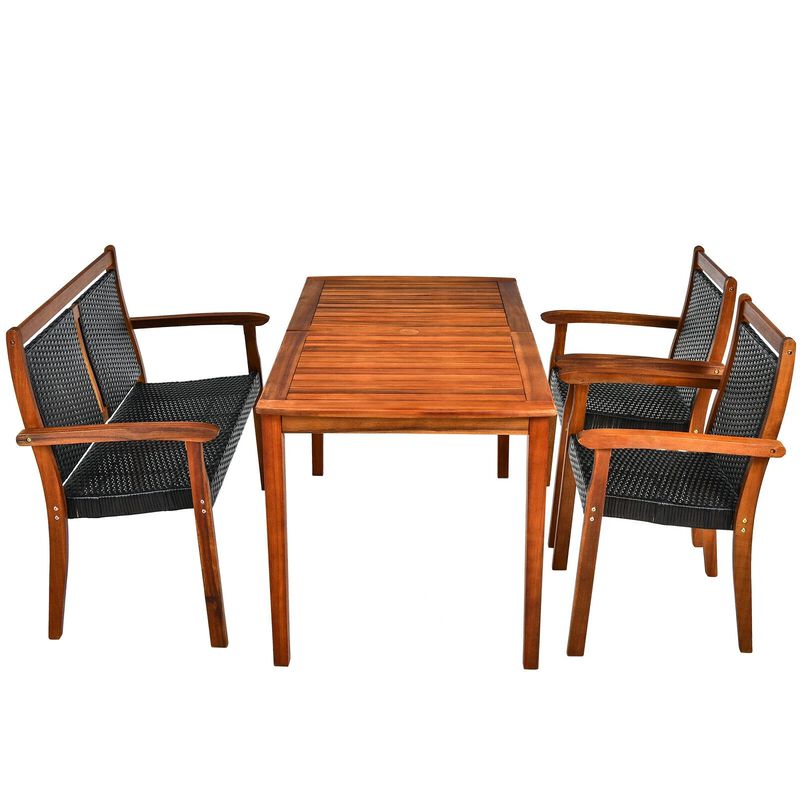 Mondawe 4-Piece Outdoor Acacia Wood Patio Set,Loveseat & Rectangular Table With Umbrella Hole