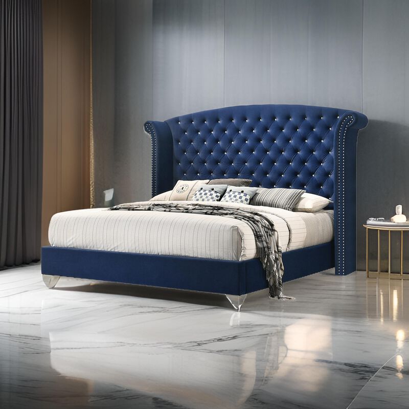 Giya Wingback King Bed, Tufted Headboard, Pacific Blue Velvet Upholstery - Benzara