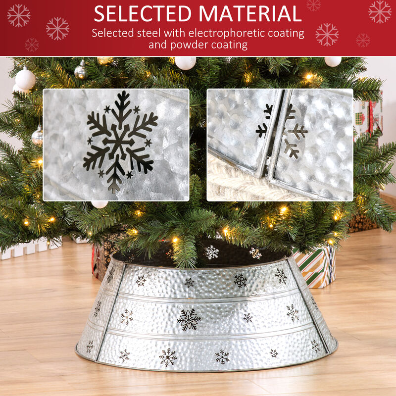 Christmas Tree Collar Steel Tree Ring Skirt w/ Snowflake Print, 26" Base, Silver