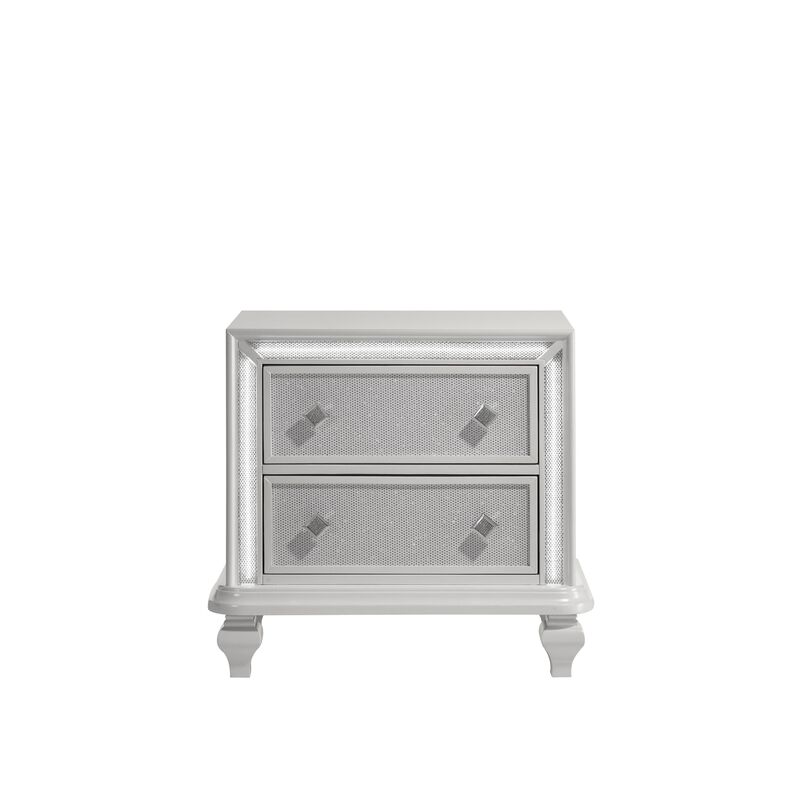 Stacy Nightstand with 2 Drawers and LED Lights, Silver and White Wood