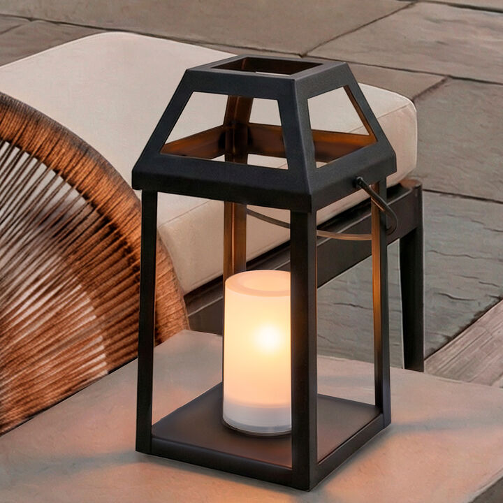 H13&rdquo; Solar Outdoor Lantern with Flickering Candle Modern Metal Solar Lantern with Handle, Waterproof Patio Table & Hanging Light Auto On/Off for Garden Deck