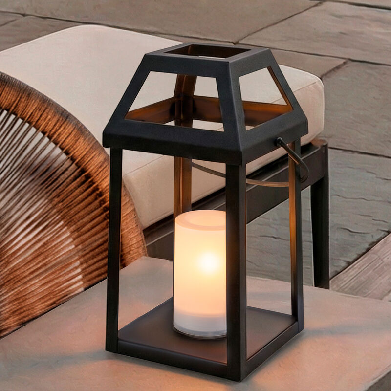 H13&rdquo; Solar Outdoor Lantern with Flickering Candle Modern Metal Solar Lantern with Handle, Waterproof Patio Table & Hanging Light Auto On/Off for Garden Deck image number 1