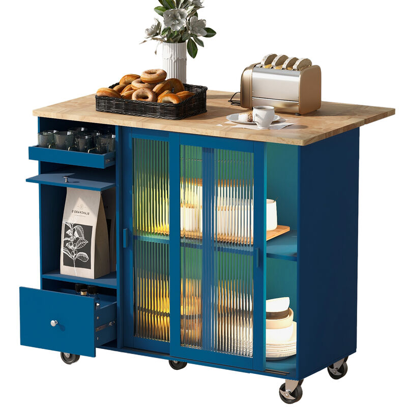 Merax Kitchen Island with Drop Leaf, LED Light Kitchen Cart on Wheels with 2 Fluted Glass Doors and 1 Flip Cabinet Door