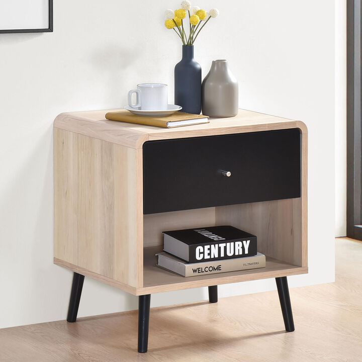 Kings Brand Furniture Nathan End Table with Open and Close Shelving Perfect for Living Room, Bedroom (Oak with Black Front Panel)