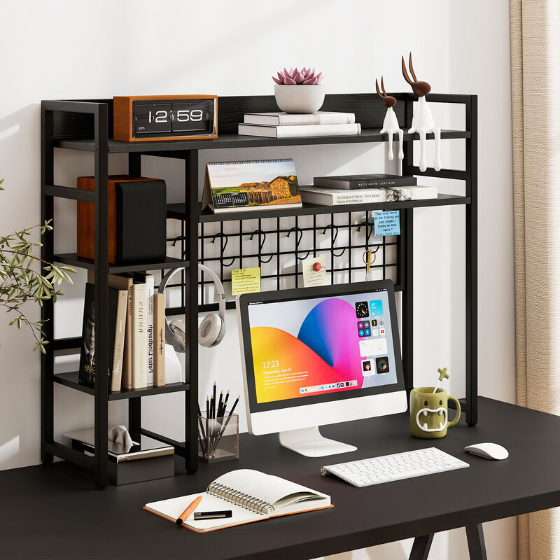4-Tier Office Desk Shelf with Metal Grid Panel and Multiple Hooks