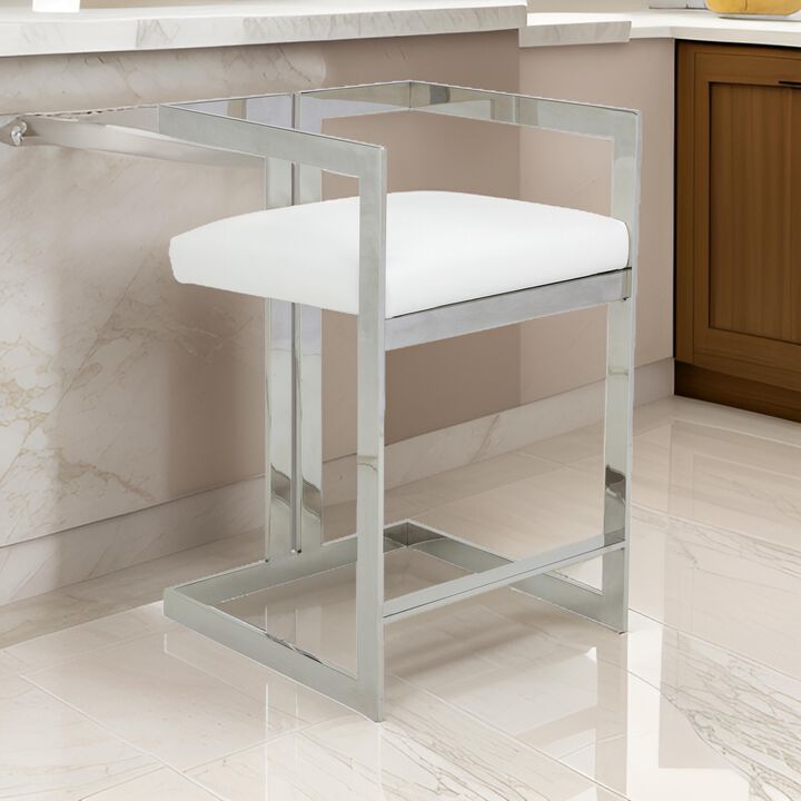 Suki 26 Inch Counter Stool Chair, White Faux Leather, Stainless Steel - Benzara