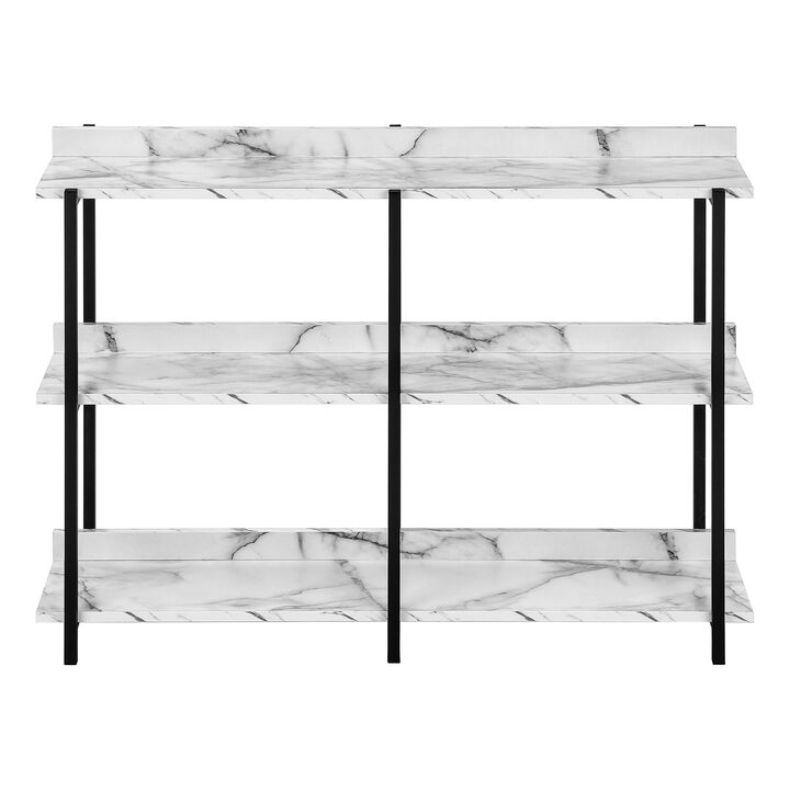 HomeRoots 47" White and Black Wood and Metal Faux Marble Console Table With Three Shelves
