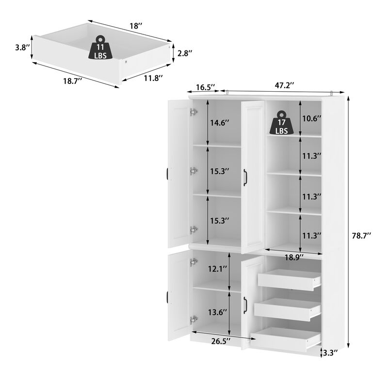 FUFU&GAGA White Lacquered Storage Cabinet with Adjustable Shelves, Open Compartments & Drawers (47.2 in. W x 16.5 D x 78.7 H)