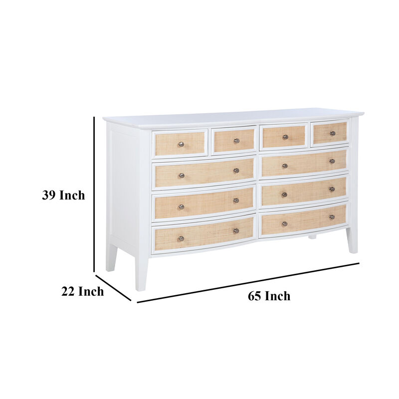 Heo Wide Dresser, 10 Drawers, Rattan Woven Curved Front, White Wood - Benzara