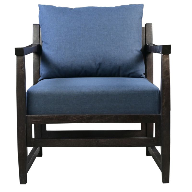 Malibu 27 Inch Handcrafted Mango Wood Accent Chair, Fabric, Pillow Back, Open Frame, Blue, Black-Benzara