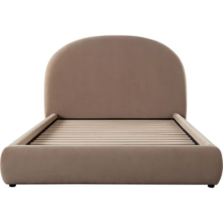 Feny Queen Size Bed w Arch Headboard, Camel Brown Velvet Upholstery