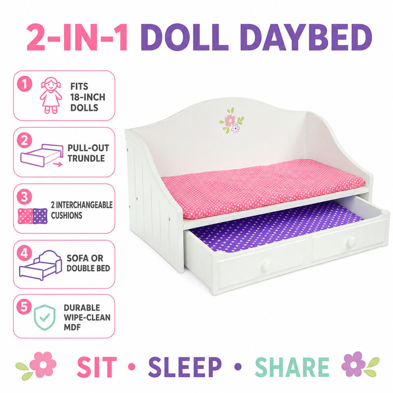 Olivia's Little World Doll Trundle Bed with Pink Bedding for 18" Dolls, White Doll Furniture, 2 interchangeable cushions (White and Polka Dot), Sliding Drawer image number 2