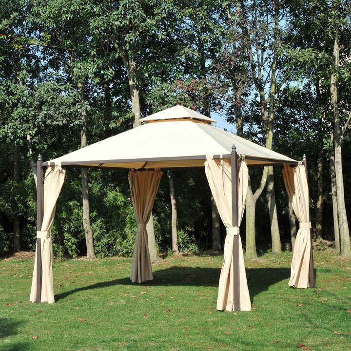 10' x 10' Steel Outdoor Patio Gazebo with Polyester Privacy Curtains, Two-Tier Roof for Air, & Large Design