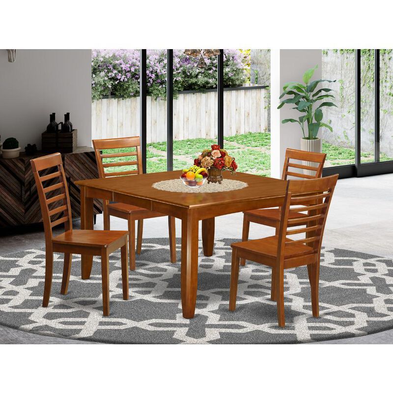 5 Pc Dining room set for 4-Square Dining Table with Leaf and 4 Dining Chairs.
