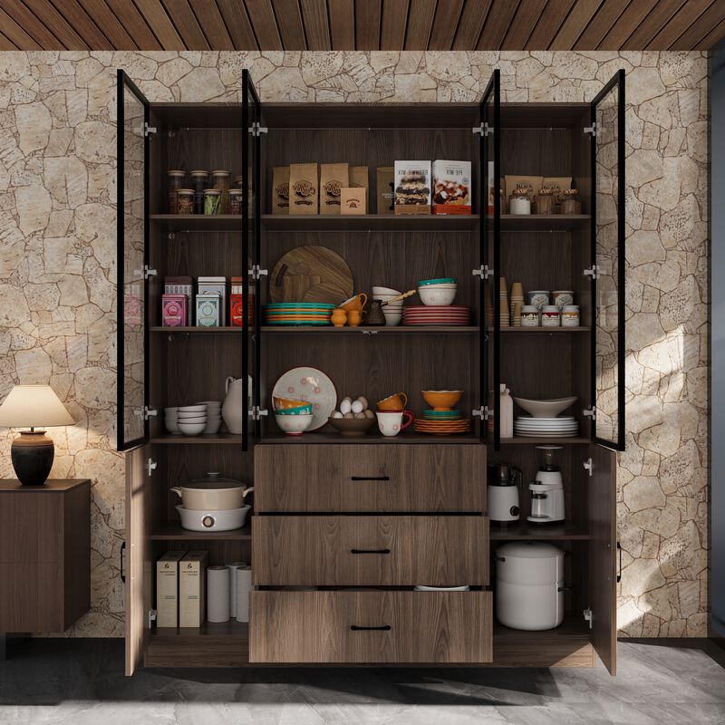 Brown Wood 63 in. W Display Cabinet With Pop up Tempered Glass Doors, 3-Color LED Lights, Drawers, Adjustable Shelves