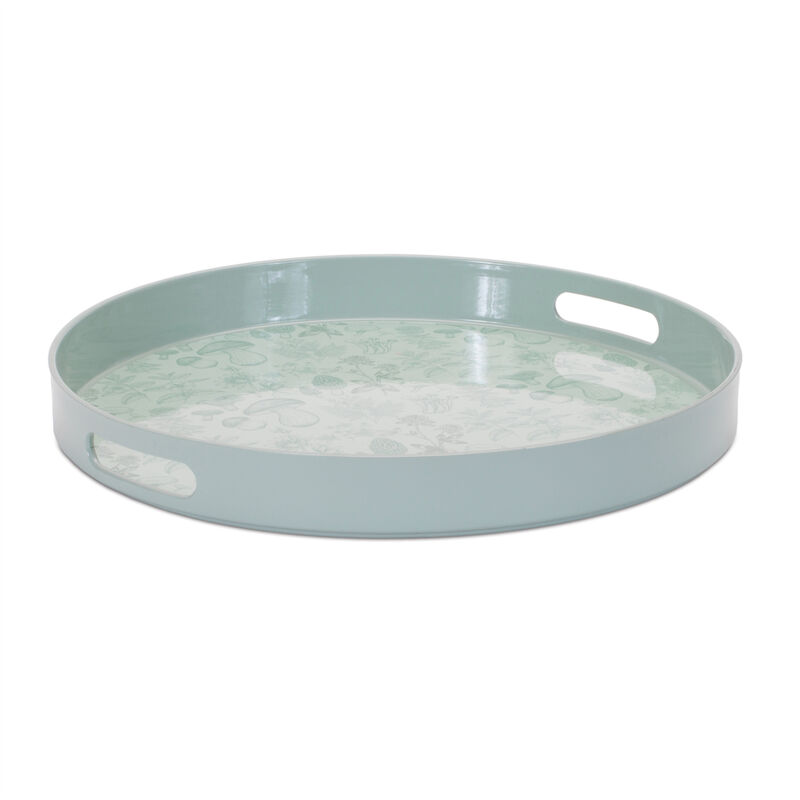 HomeRoots 14" Pale Sage Mushrooms Round Serving Tray With Handles image number 0