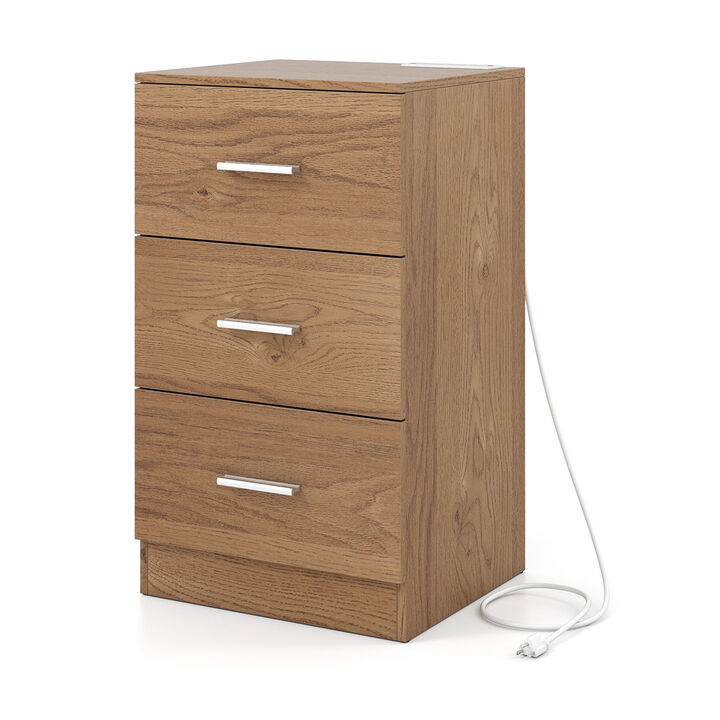 End Table Nightstand with Built-In Charging Station With 3 Drawers-Natural