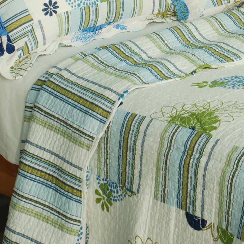 Lightweight Cotton 3PC Vermicelli-Quilted Printed Quilt Set Queen Size Blue Bedspread image number 3