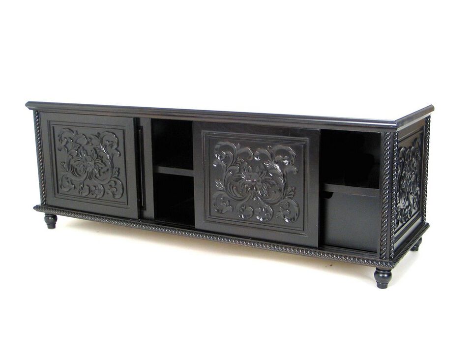 Hand Carved TV Console with Floral Motifs and 3 Sliding Doors, Black - Benzara