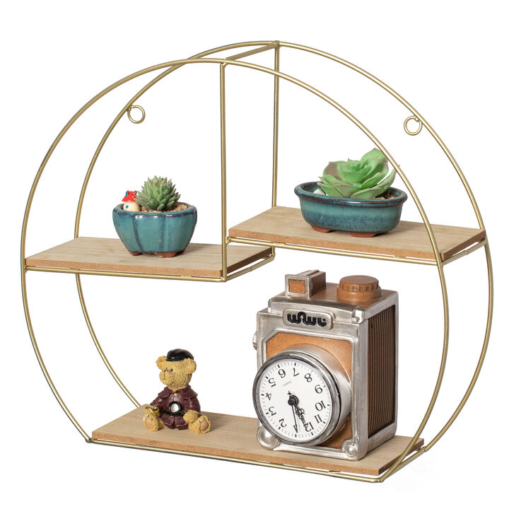 Vintiquewise Elegant 3-Tier Decorative Floating Geometric Arc Wall Shelf - Semi-Circular Metal and Wood Wall-Mounted Shelf for Entryway, Bathroom, Bedroom, and Living Room Decor, Gold Finish
