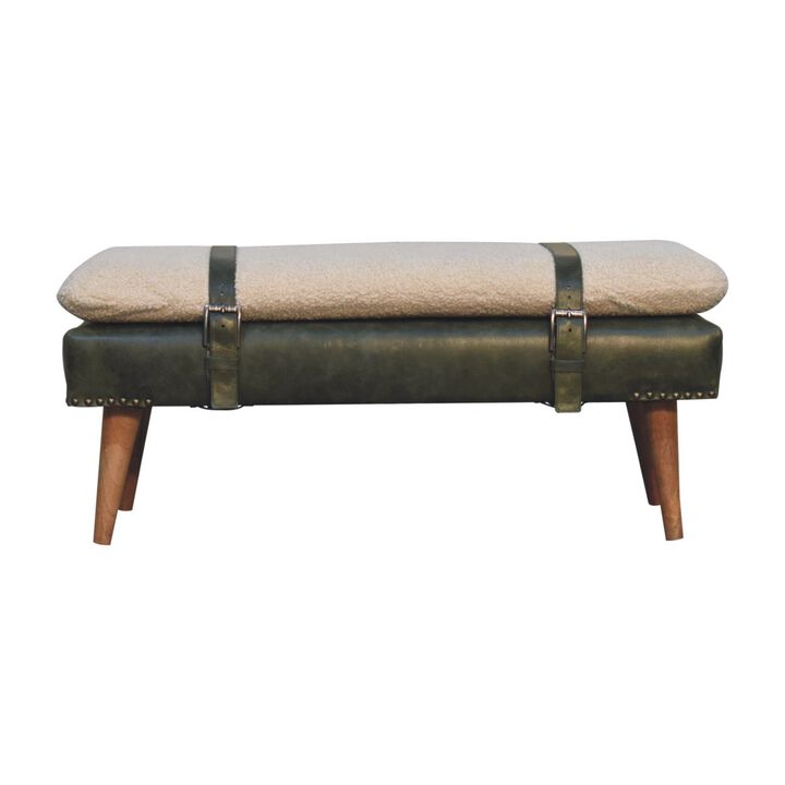 Boucle Buffalo Hide Olive Green Leather Bench